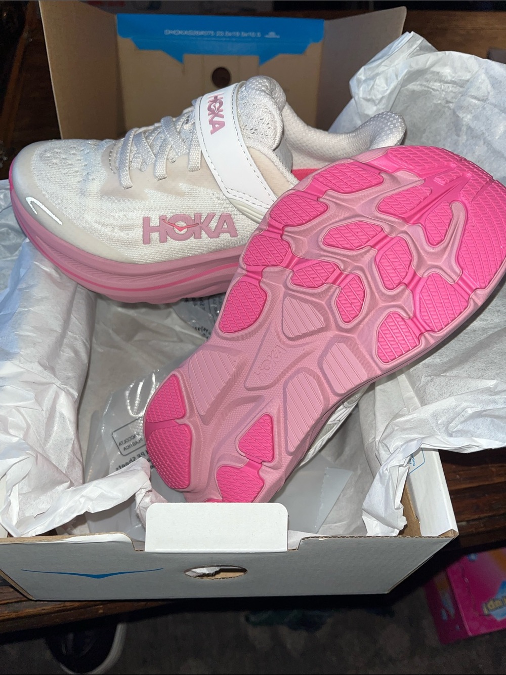 Hoka Kids White and Pink Hook-and-Loop Athletic Sneakers - Picture 4 of 11